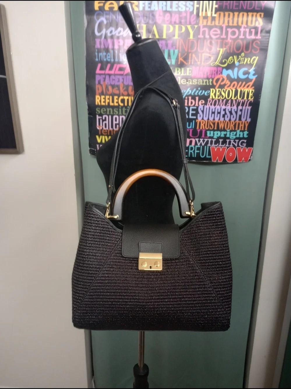 Exclusive Claudia Firenze Black Woven Satchel with a Tortoise Shell Handle!.